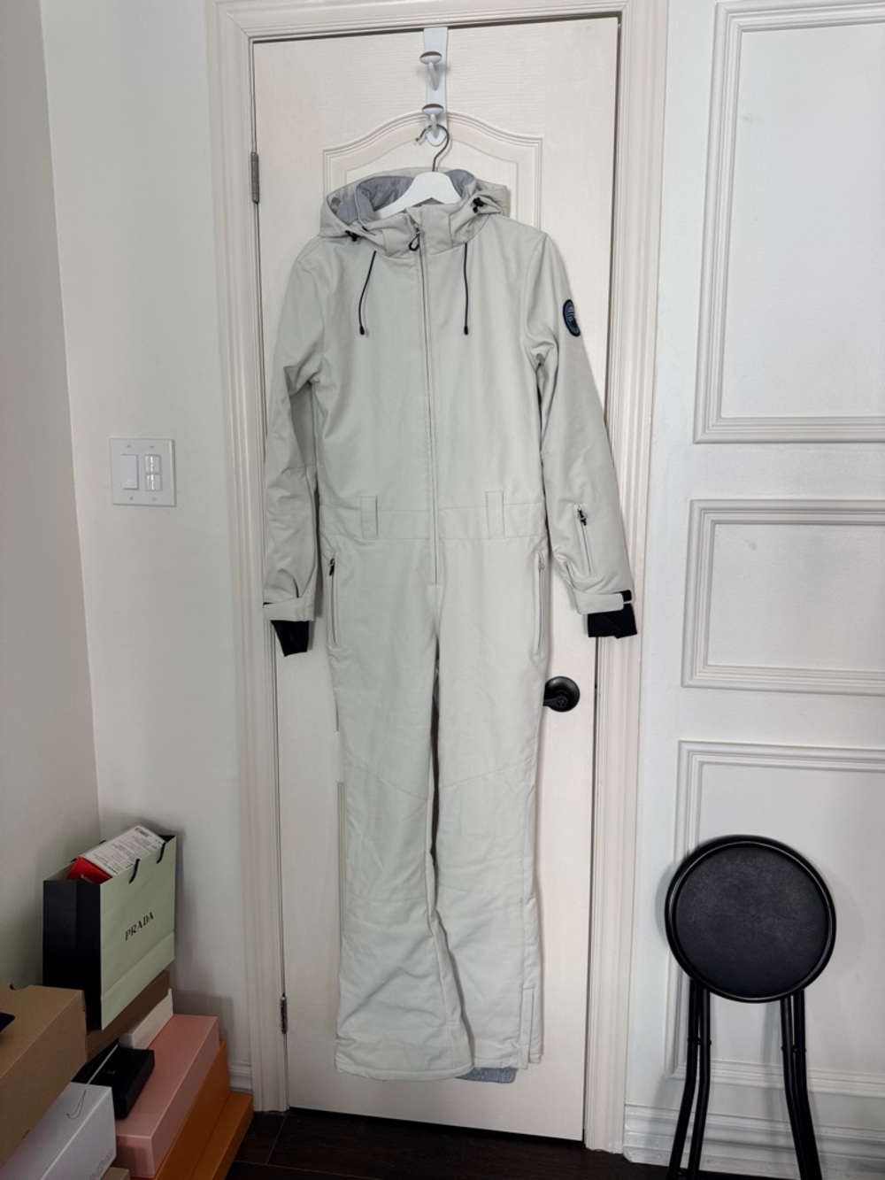 Light Gray Hooded One-Piece Ski Suit
